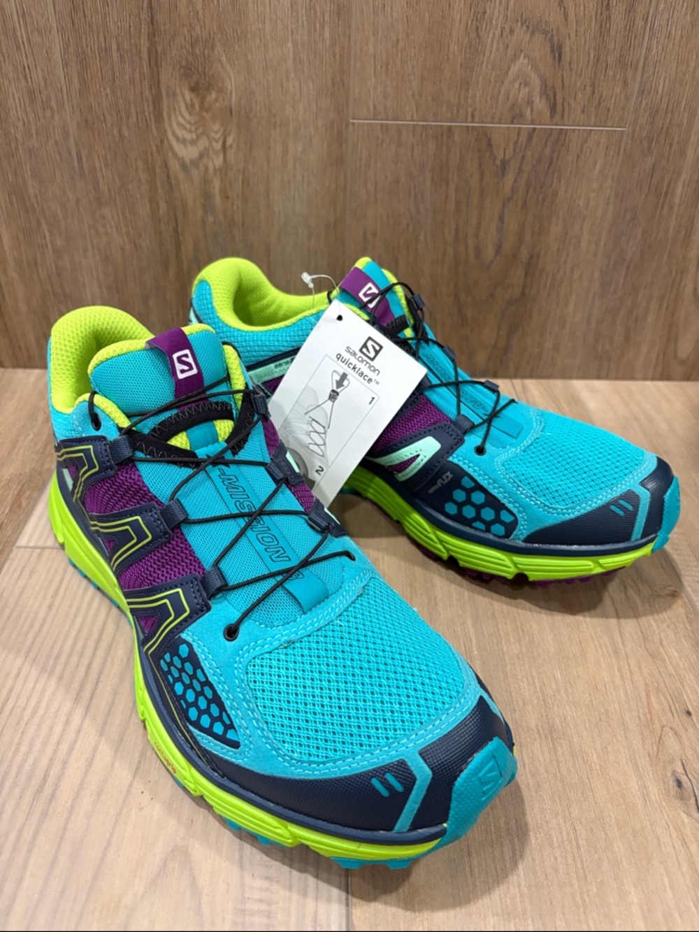 Salomon X-Mission 3 Outdoor Trail Shoes Teal Purple Neon Green Quicklace NEW 12